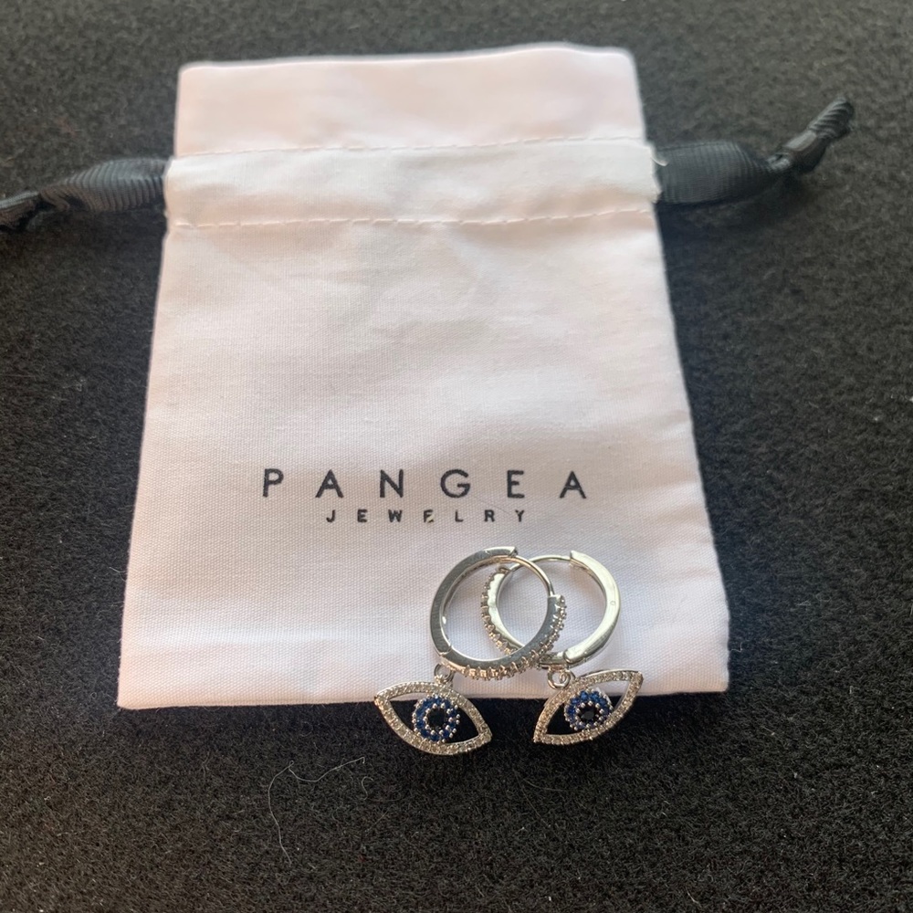 Silver tone evil eye hoop earrings